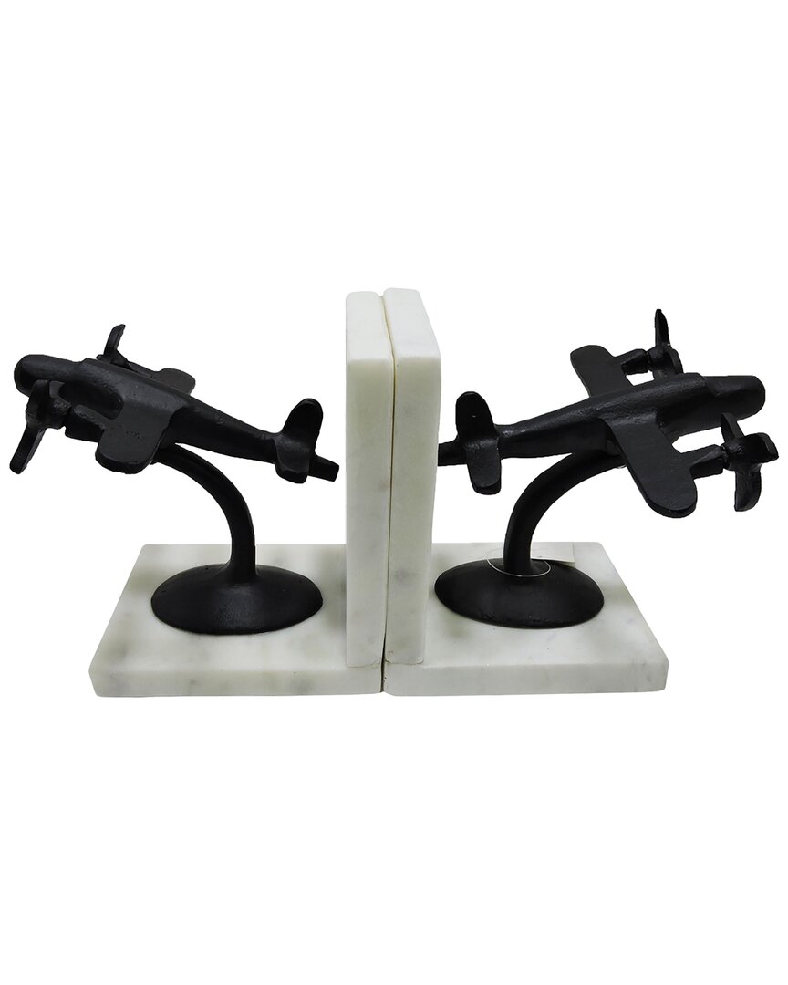 Sagebrook Home Set Of 2 Metal Airplane Bookends On Marble In White