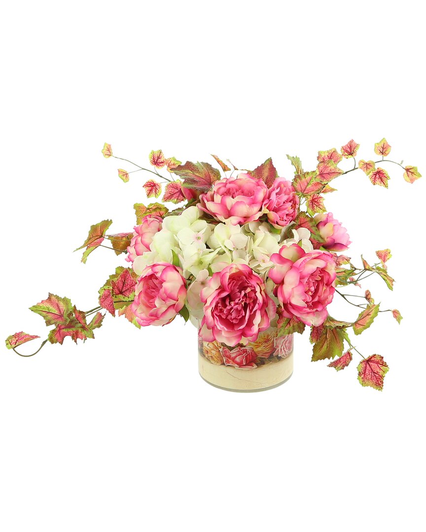 Creative Displays Variegated Red/green Ivy With Hydrangea & Peonies In Glass Vase With Roses Label