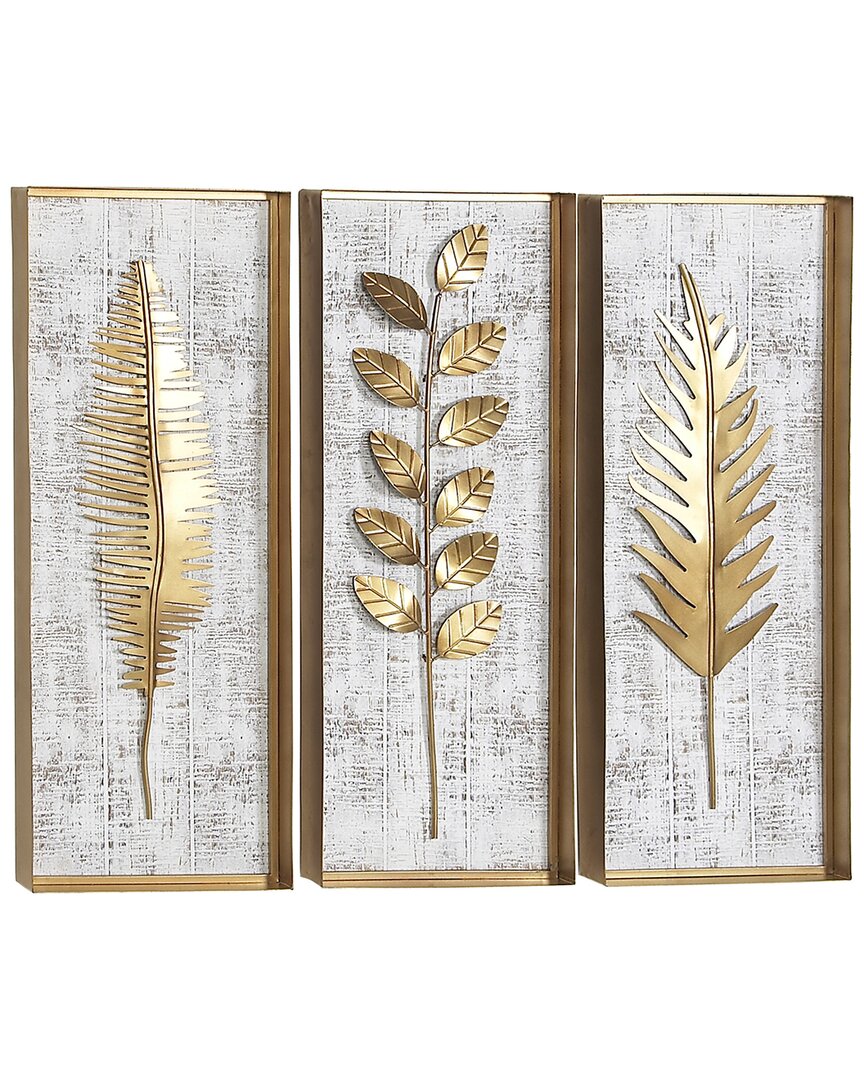 Peyton Lane Set Of 3 Leaf Metal Framed 3d Wall Decor With Distressed Wood Backing In Gold
