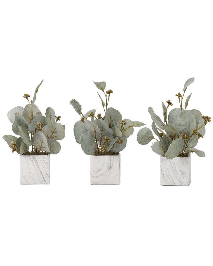 D&w Silks Seeded Eucalyptus Branches In Marbled Ceramic Cube - Set Of 3 In Green