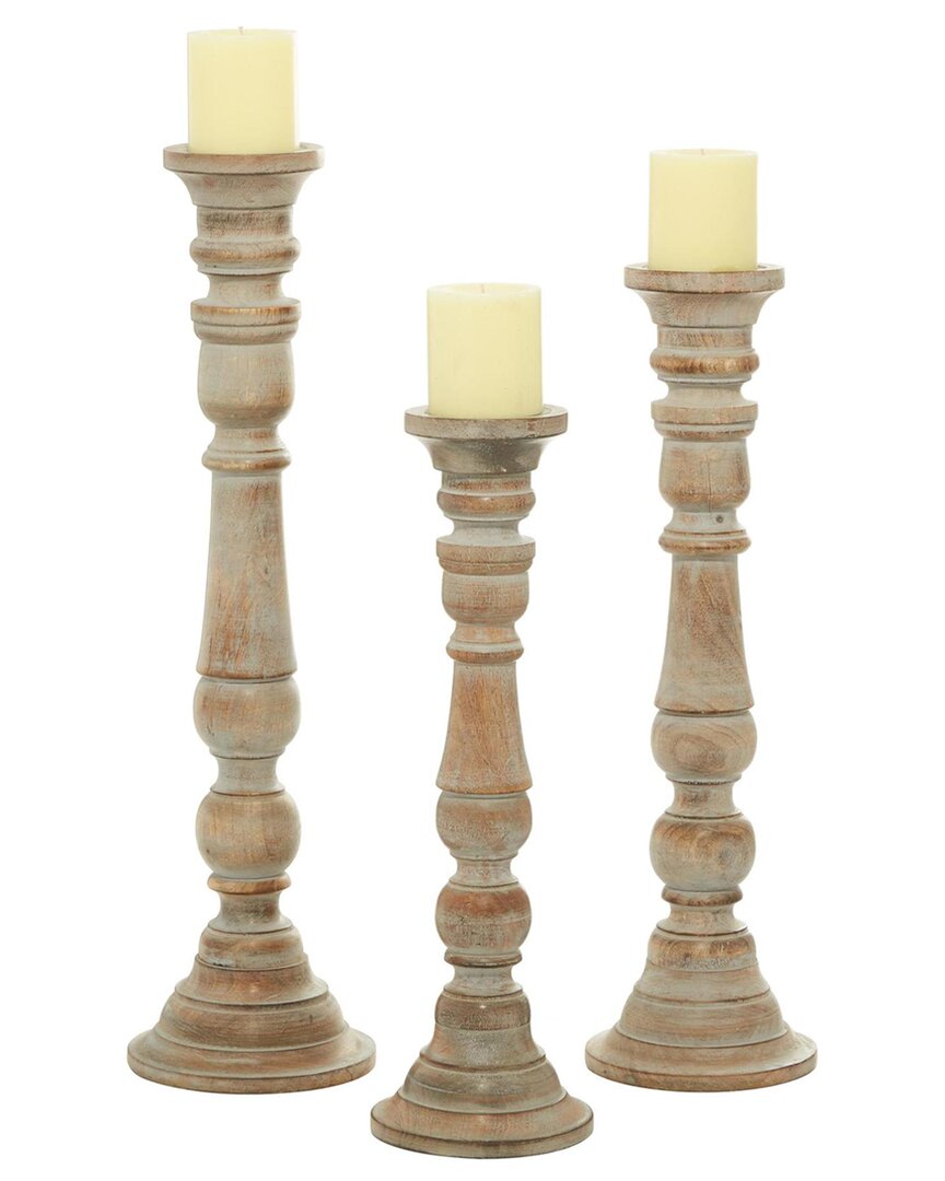 Uma Enterprises Set Of 3 Mango Wood Handmade Candle Holders With Turned Style In Multi