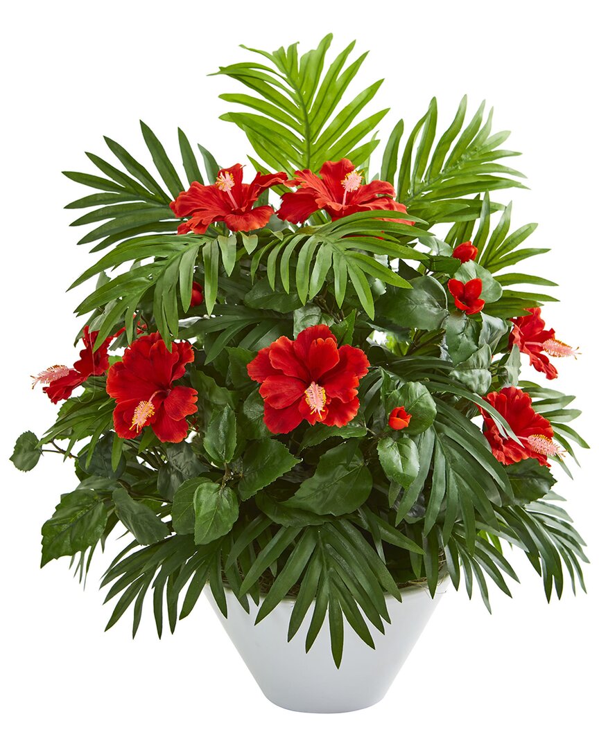 NEARLY NATURAL NEARLY NATURAL HIBISCUS & ARECA PALM ARTIFICIAL PLANT IN WHITE BOWL 