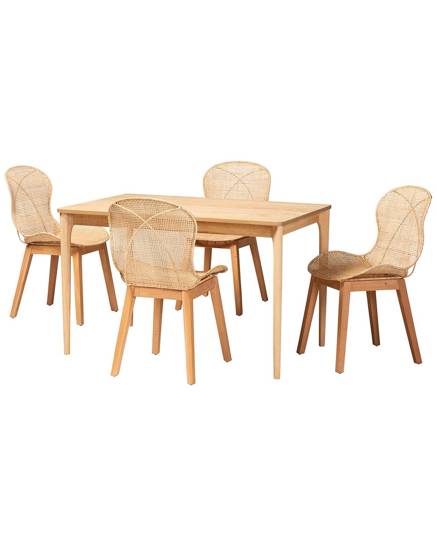 Baxton Studio Ballerina Japandi Mahogany & Rattan 5pc Dining Set
