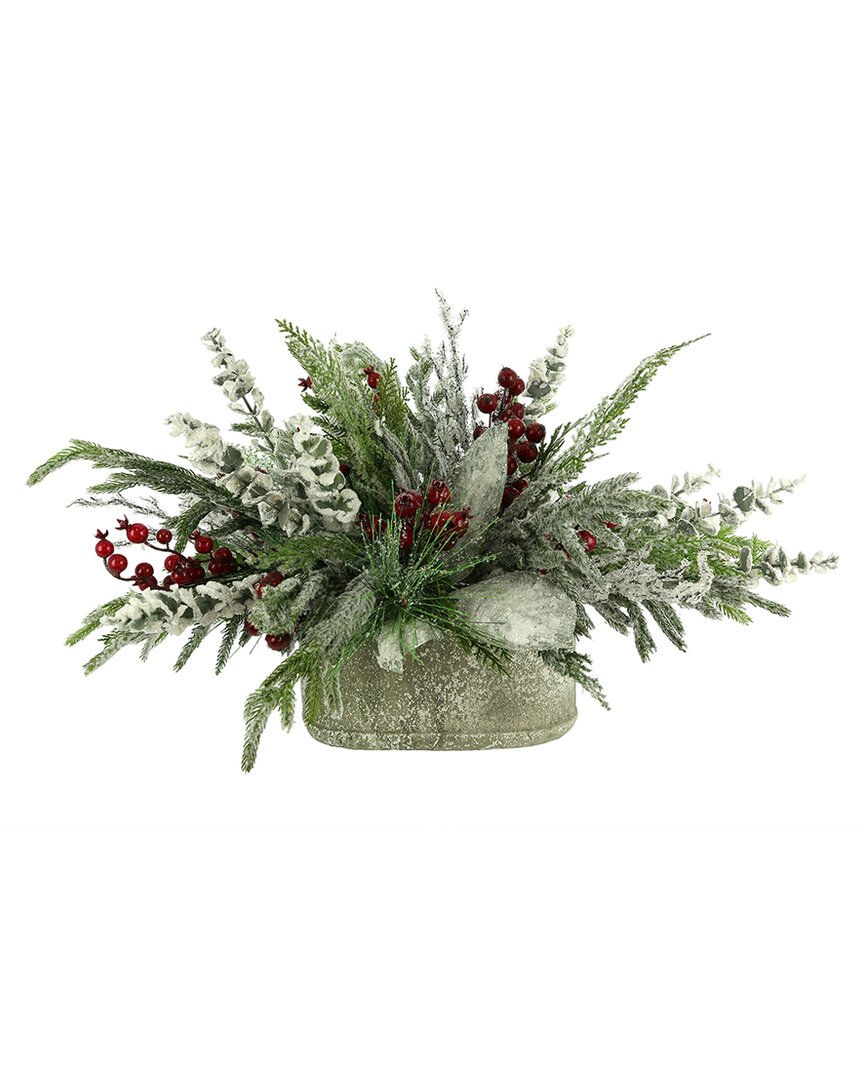 Creative Displays Christmas Arrangement With Snowy Greens & Berries In Green