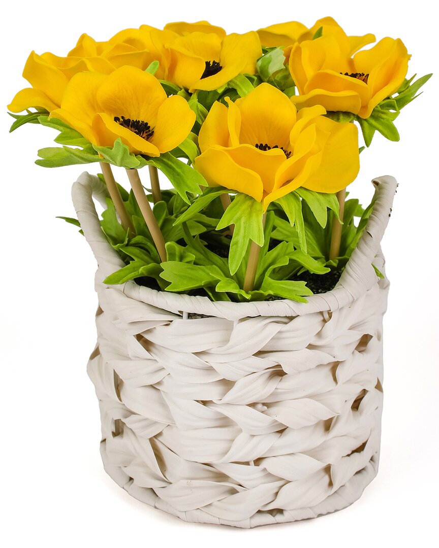 National Tree Company 10in Yellow Anemone Flower Bouquet In White Basket In Yellow