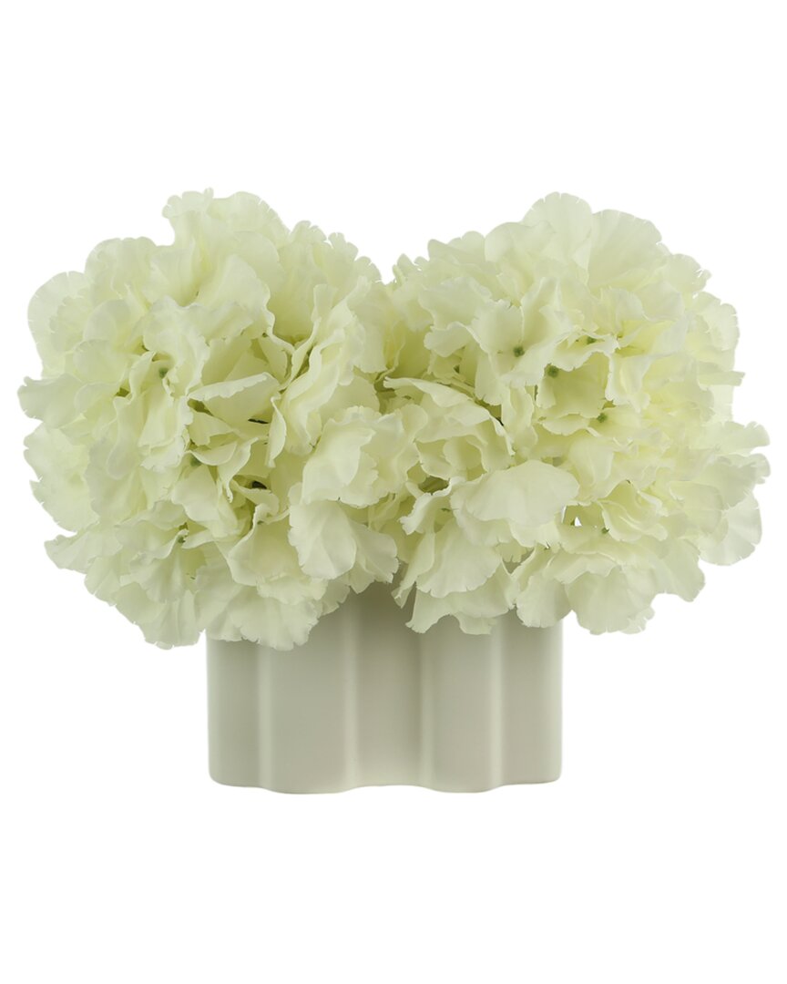 CREATIVE DISPLAYS CREATIVE DISPLAYS WHITE HYDRANGEAS ARRANGED IN A DECORATIVE WHITE CERAMIC VASE