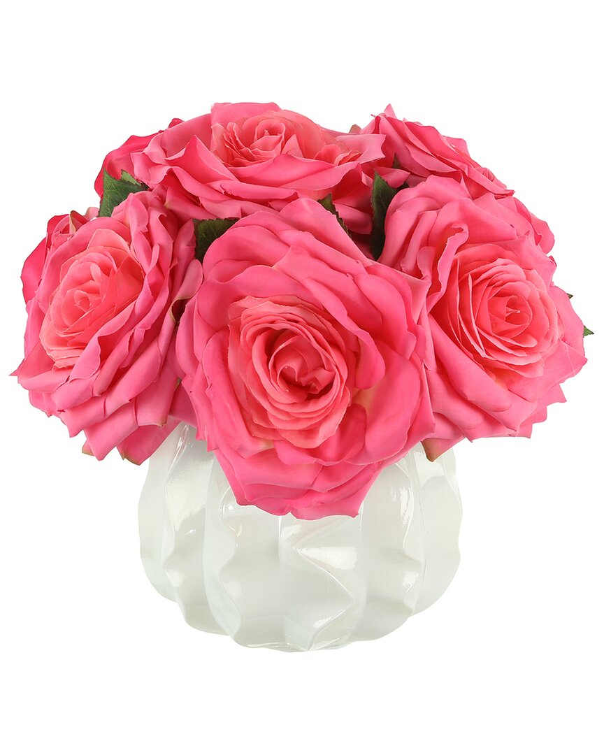 Creative Displays Pink Roses Arranged In A White Wavy Glass Vase In Pink