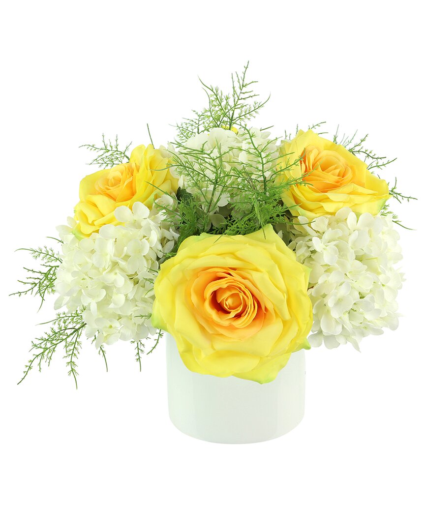 Creative Displays Yellow Roses, White Hydrangeas & Green Ferns Arranged In A  Fiberstone Pot In Yellow