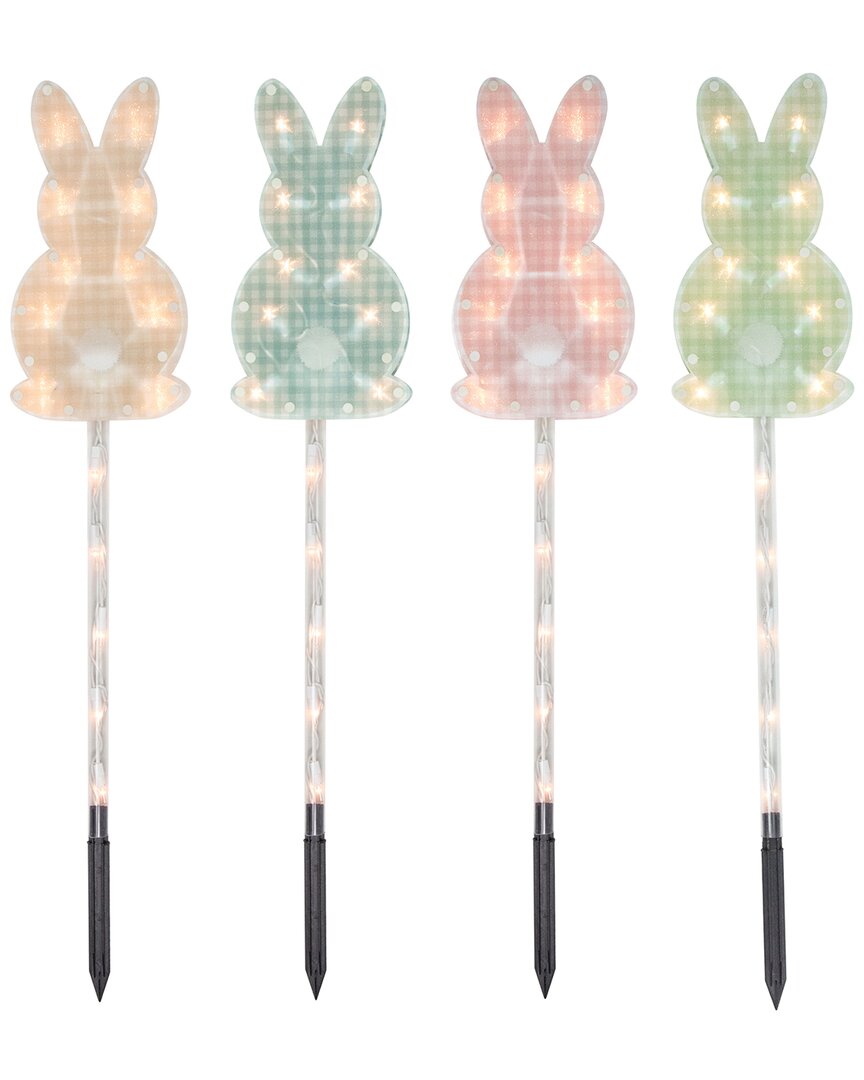 Northlight Plaid Pastel Bunny Easter Pathway Marker Lawn Stakes Clear Lights Set, 4 Piece In Black