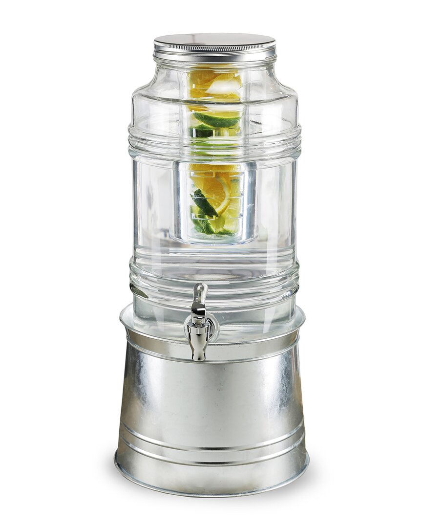 Stylesetter Bungalow Beverage Dispenser With Ice Insert, Fruit Infuser, And Galvanized Base 2.4 Gal In Clear