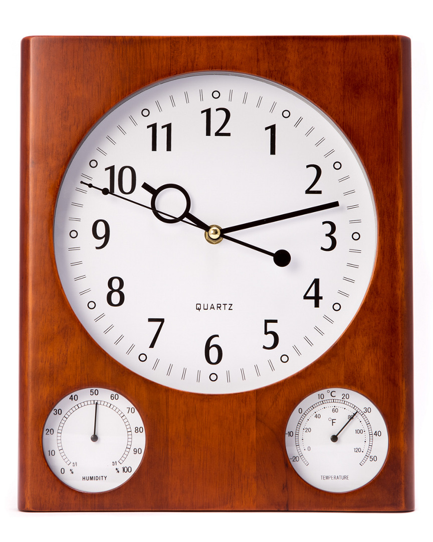 Bey-berk Cherry Wood Wall Clock With Thermometer & Hygrometer