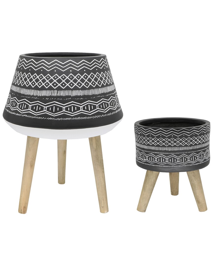 Flora Bunda 18in & 10in Tribal Fiberglass Plant Pot On Wood Stand, Set Of 2 In Black