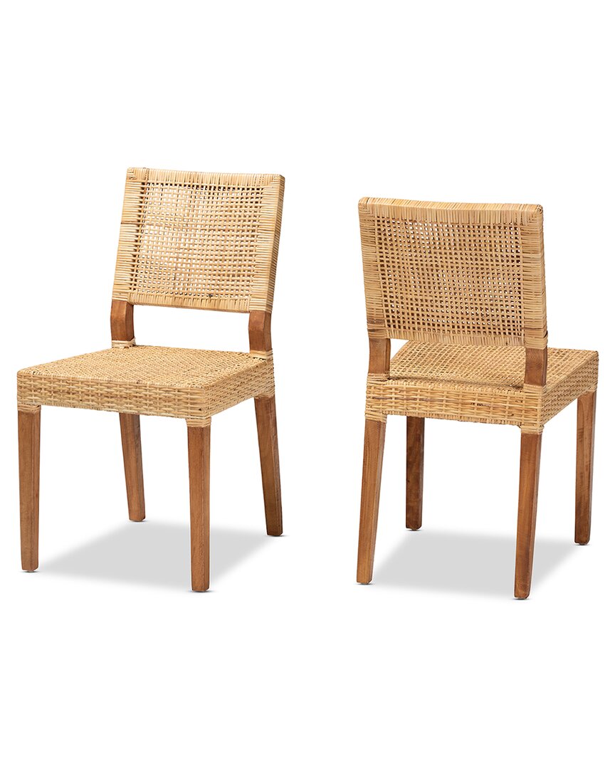 Baxton Studio Lesia Rattan And Wood 2pc Dining Chair Set In Brown