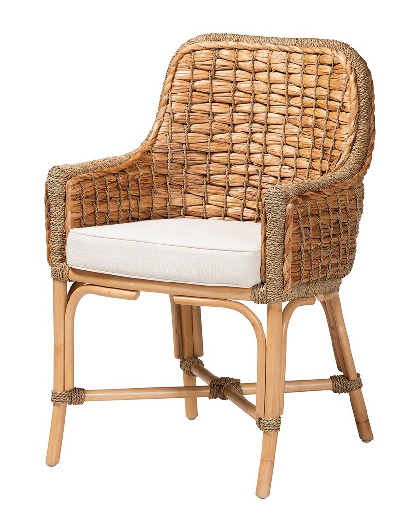 Baxton Studio Kyle Woven Rattan Dining Arm Chair With Cushion In White