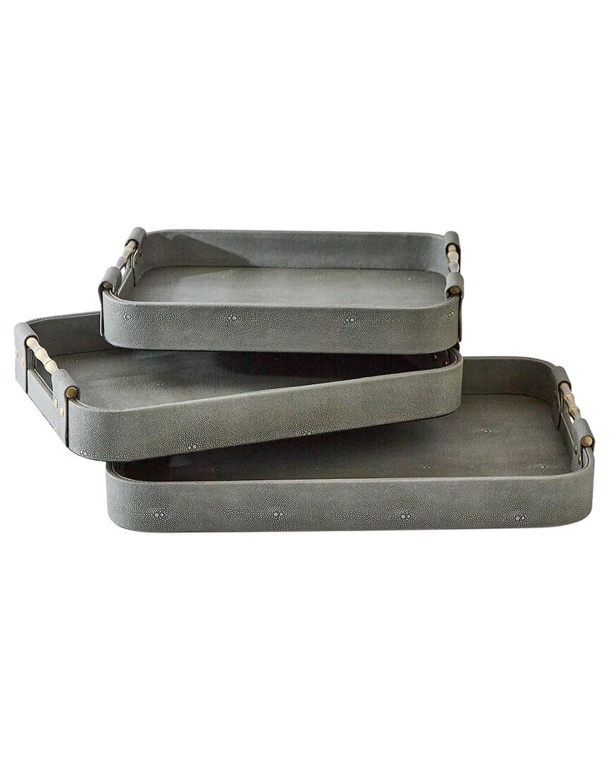 Tozai Home Set Of 3 Shagreen Rectangle Trays In Gray