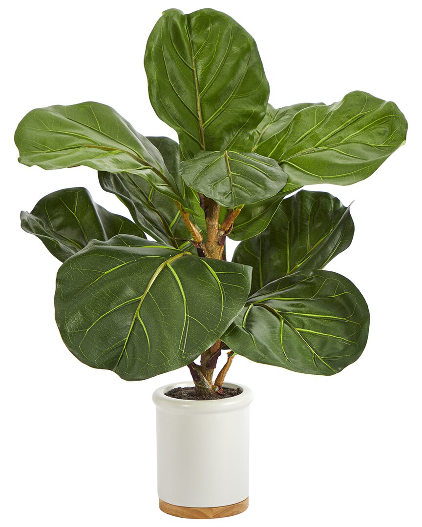 Nearly Natural Fiddle Leaf Artificial Tree In White Ceramic Planter In Green