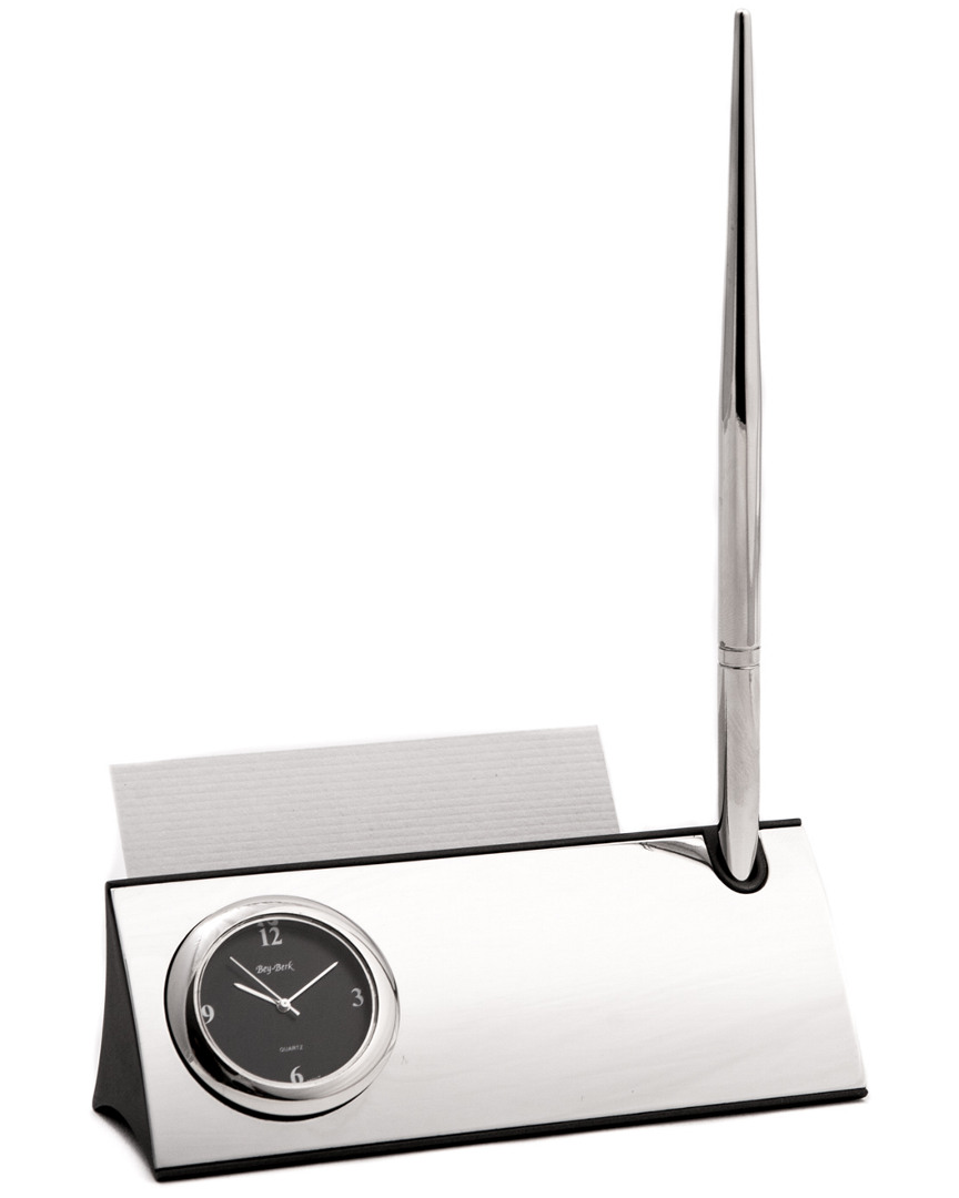Bey-berk Silver Plated Desk Quartz Clock With Business Card