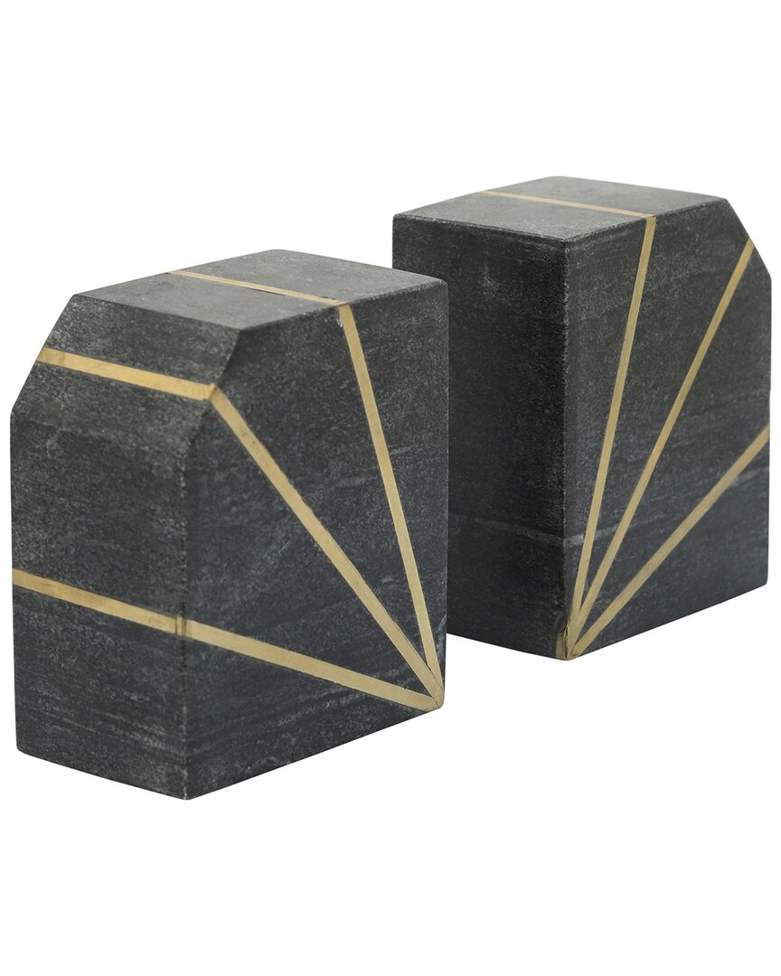 Sagebrook Home Set Of 2 Marble 5in Polished Bookends With Gold Inlays In Black