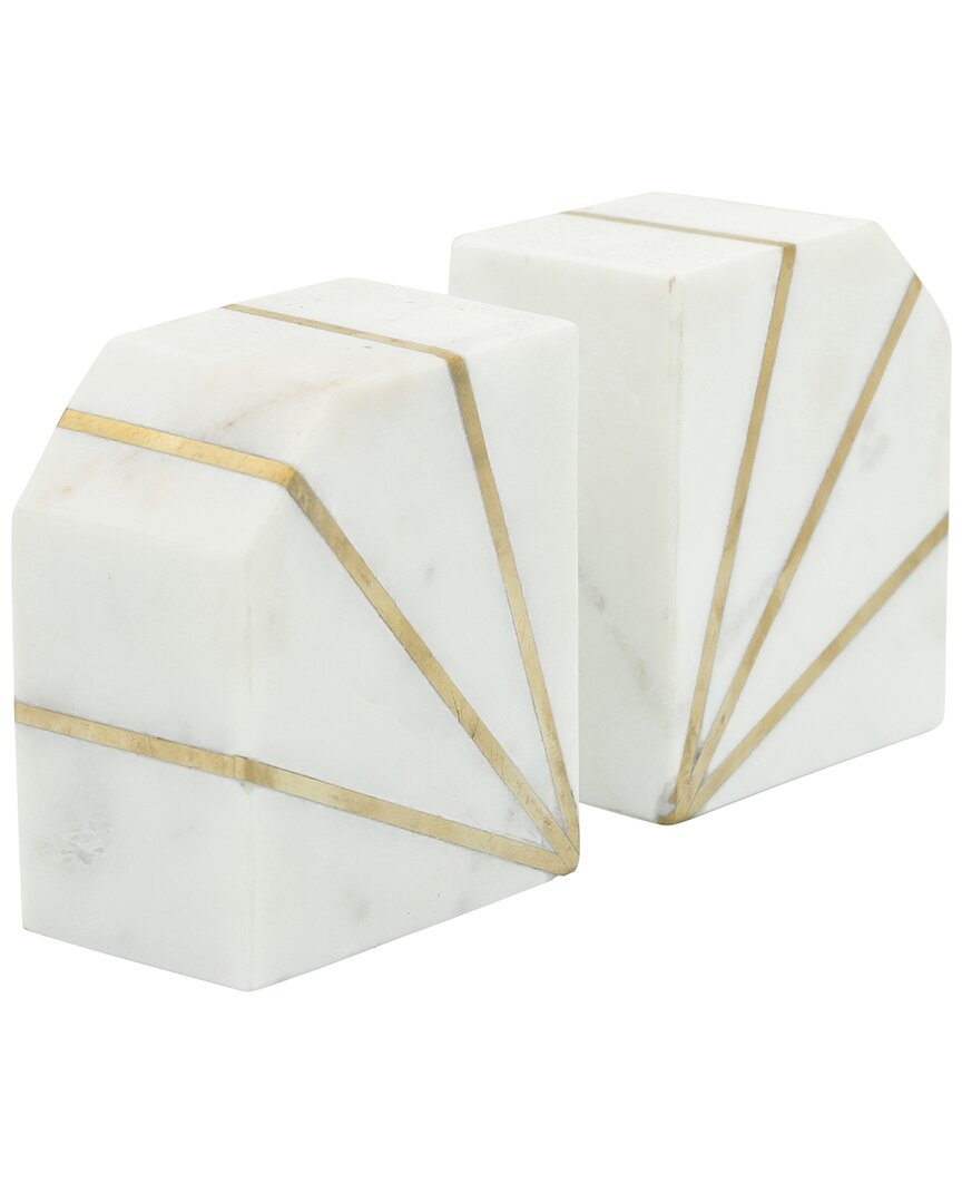 Sagebrook Home Set Of 2 Marble 5in Polished Bookends With Gold Inlays In White