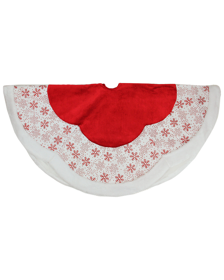 Northlight 48" Country Cabin Red And White Glitter Snowflake Scallop Christmas Tree Skirt With Faux Fur Border