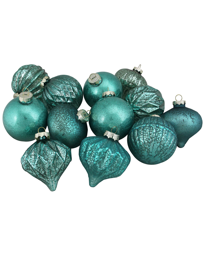 NORTHLIGHT NORTHLIGHT 12PC GREEN ASSORTED DISTRESSED FINISH GLASS ORNAMENT SET