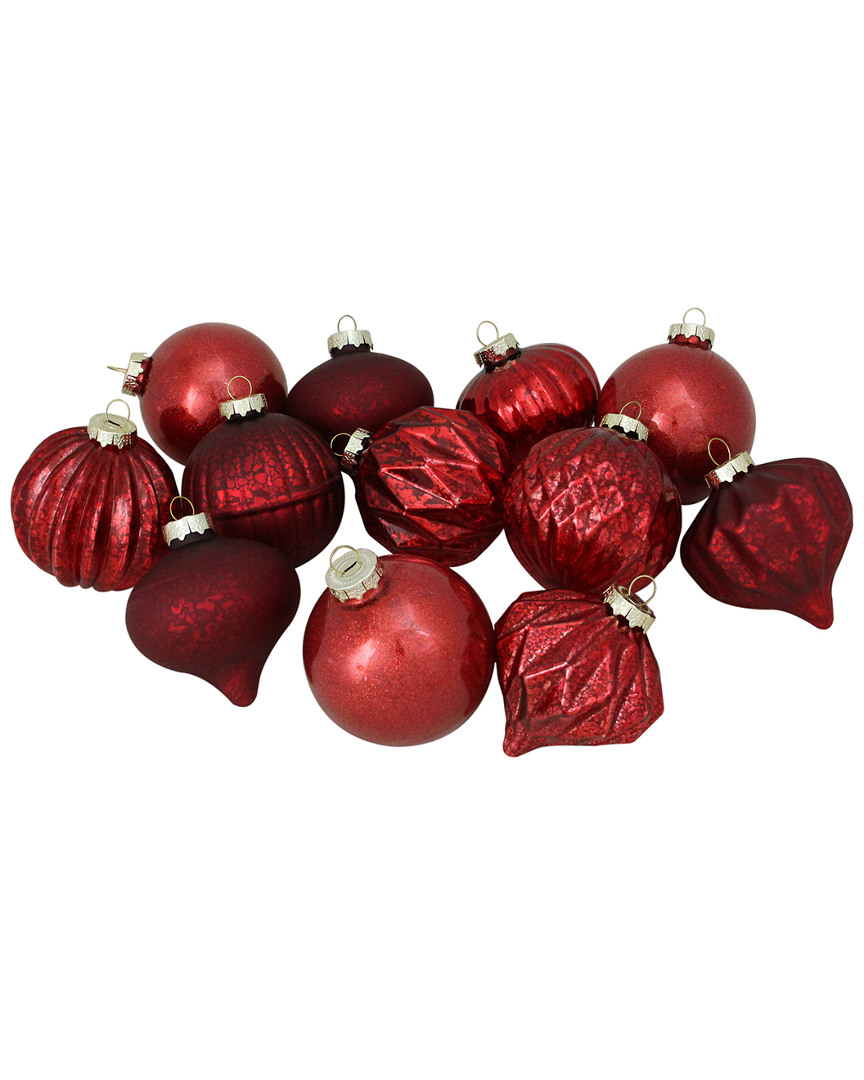 NORTHLIGHT NORTHLIGHT 12PC RED ASSORTED FINISH GLASS ORNAMENT SET