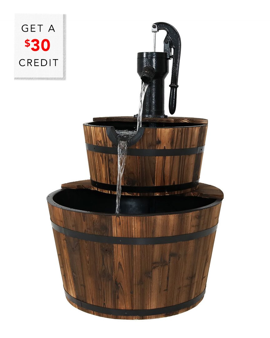 Sunnydaze Rustic 2-tier Wood Barrel W/ Pump Outdoor Water Fountain Feature With $30 Credit In Brown