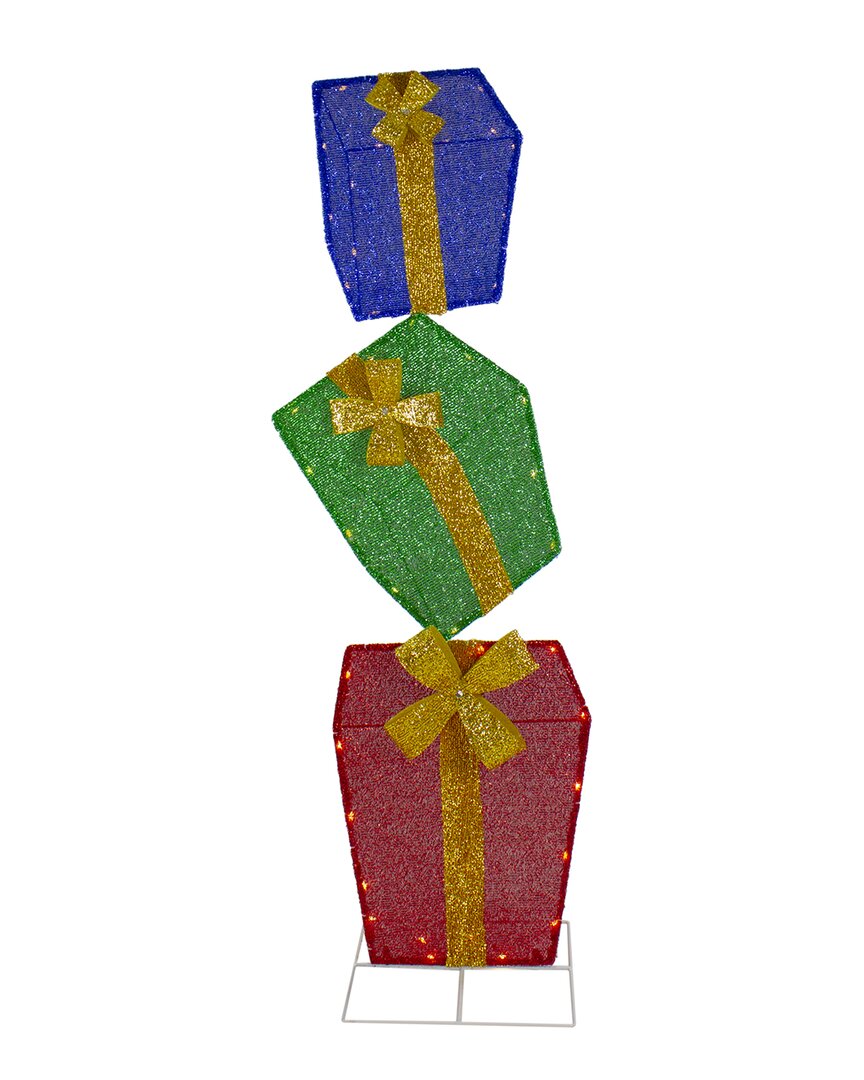 Northlight 48in Led Lighted Tinsel Stacked Gift Boxes Outdoor Display In Green