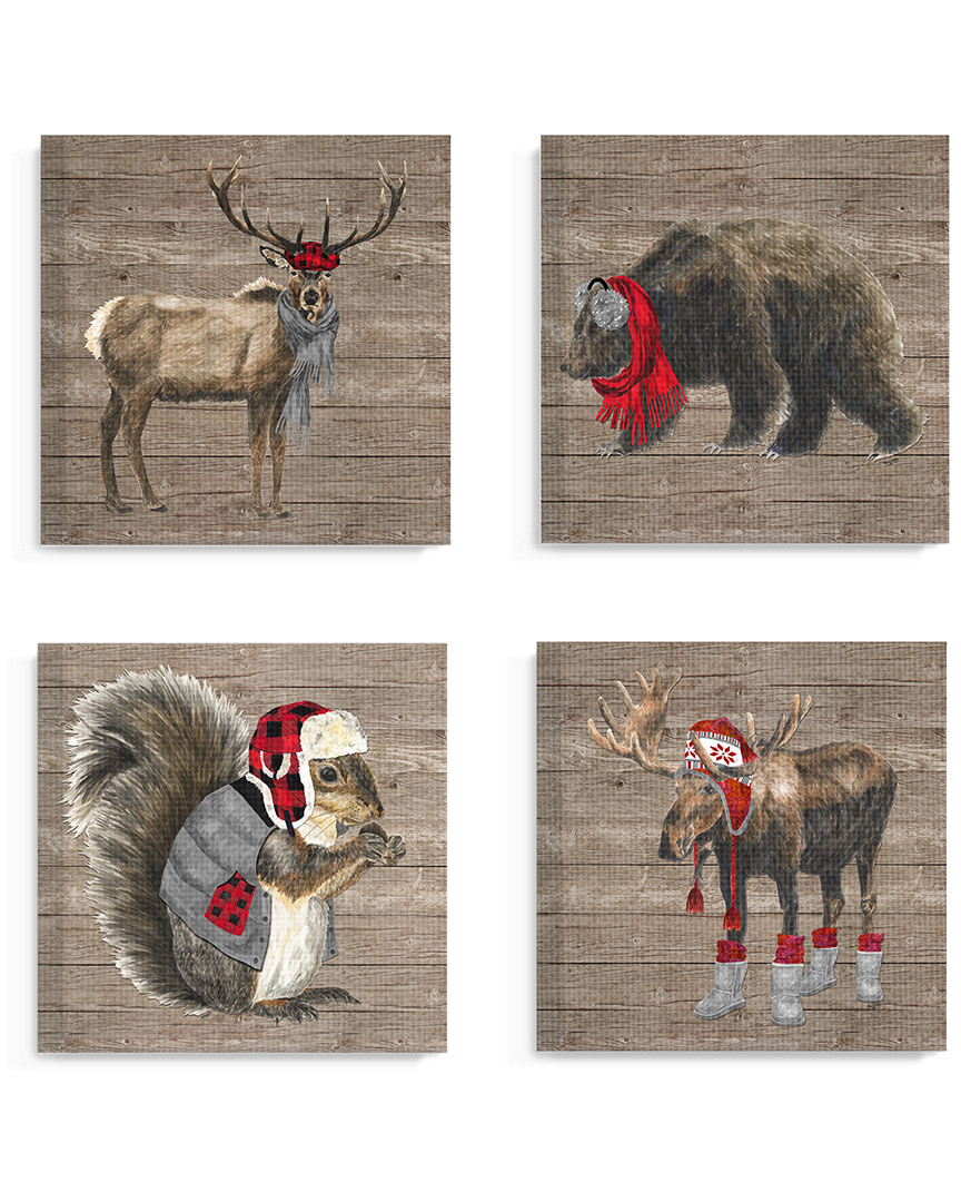 Stupell Wilderness Cold Stylish Animals In Buffalo Plaid 4pc Stretched Canvas Art Set
