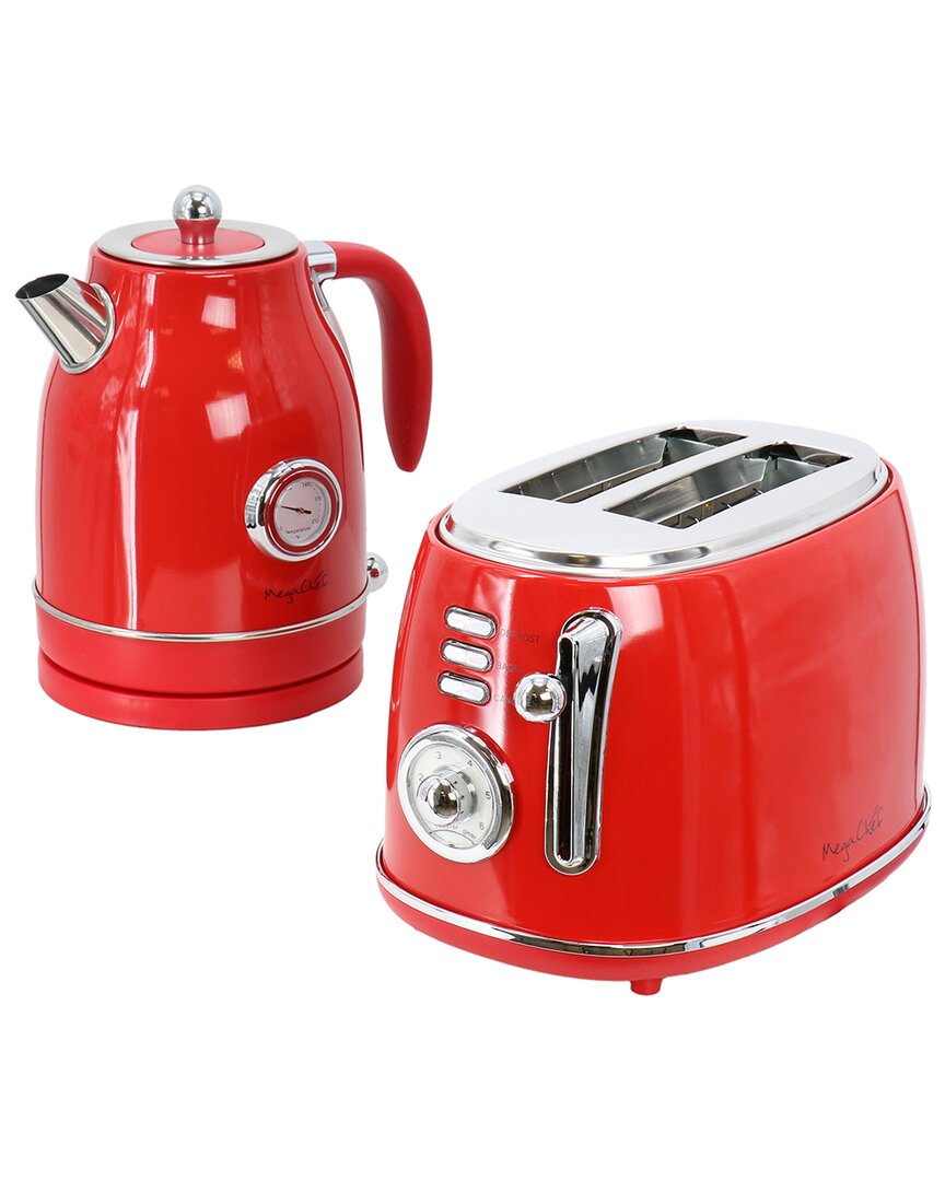 MEGACHEF MEGACHEF 1.7 QUART ELECTRIC TEA KETTLE AND 2 SLICE TOASTER COMBO IN RED