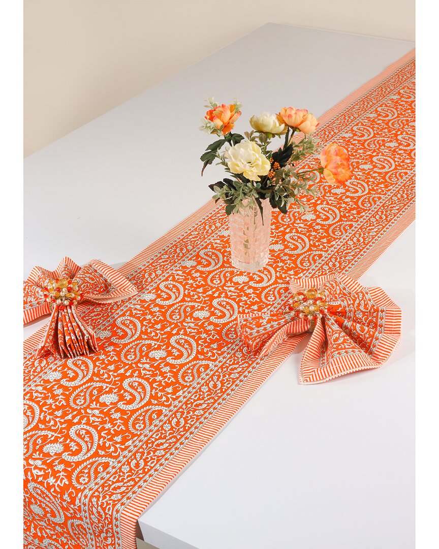Tiramisu Tangerine Twirl Block Print Table Runner In Orange