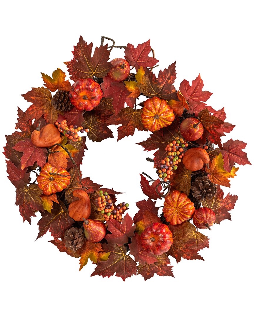 Nearly Natural Autumn Maple Leaves, Pumpkin, Pinecone & Berries Artificial Fall Wreath 24in In Orange