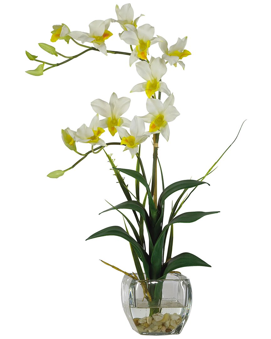 Nearly Natural Dendrobium With Glass Vase Silk Flower Arrangement