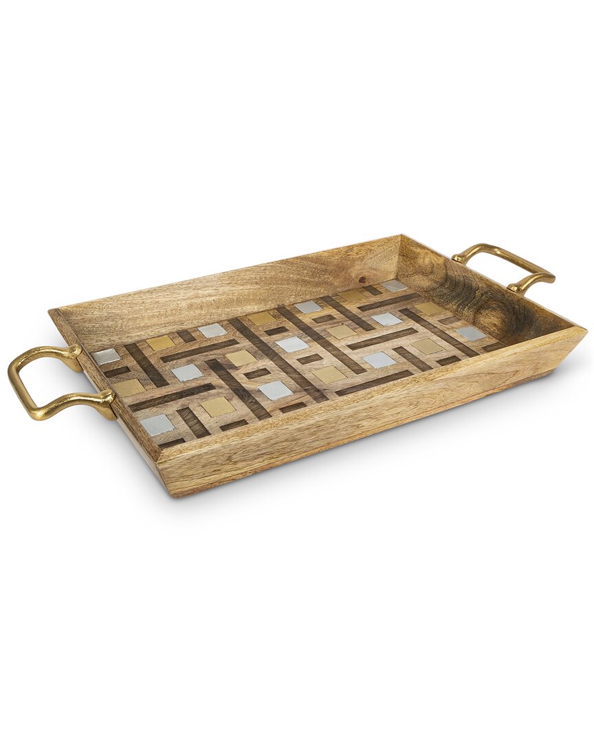 Gerson International Mango Wood Tray With Laser & Metal Inlay Weave Design In Brown