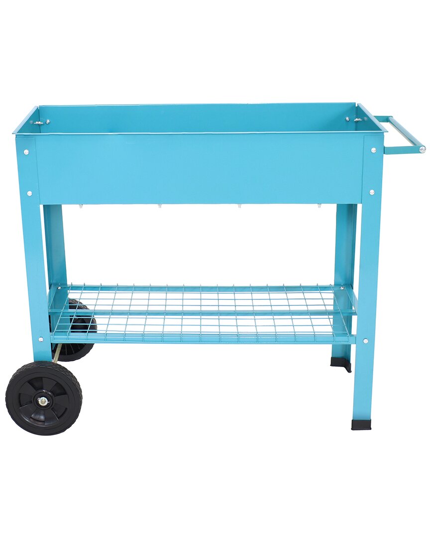 Sunnydaze Blue Galvanized Steel Mobile Raised Garden Bed Cart