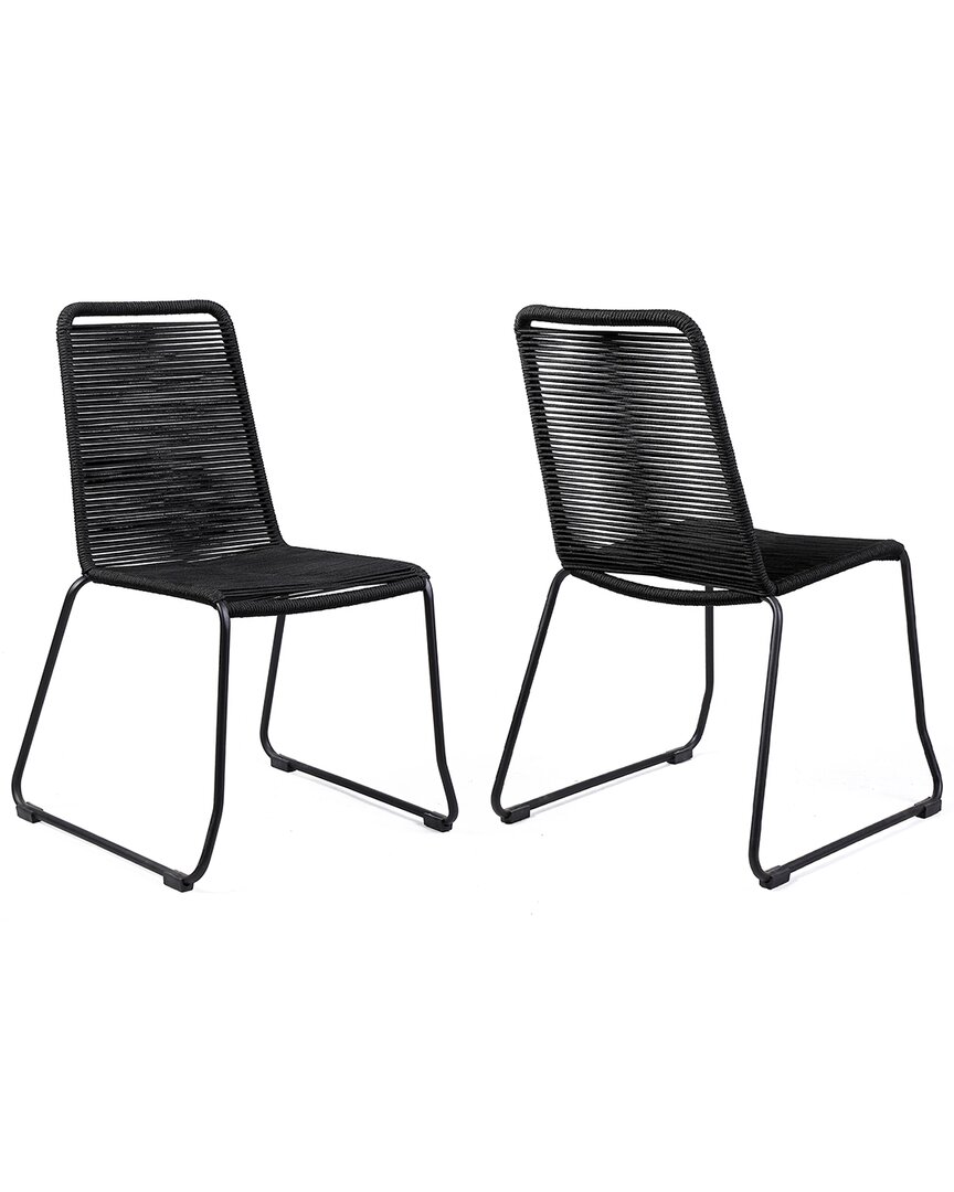 Armen Living Shasta Set Of 2 Outdoor Metal And Black Rope Stackable Dining Chairs