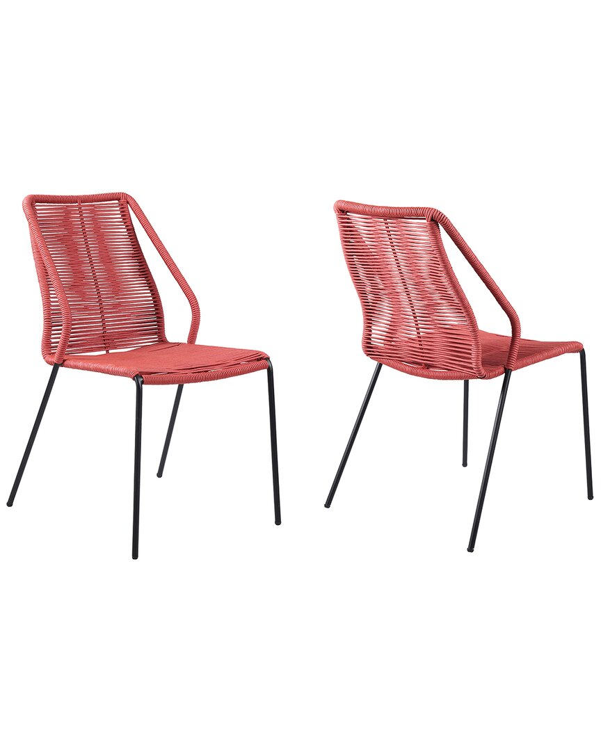 Armen Living Clip Indoor Outdoor Set Of 2 Stackable Steel Dining Chair With Brick Red Rope In Black