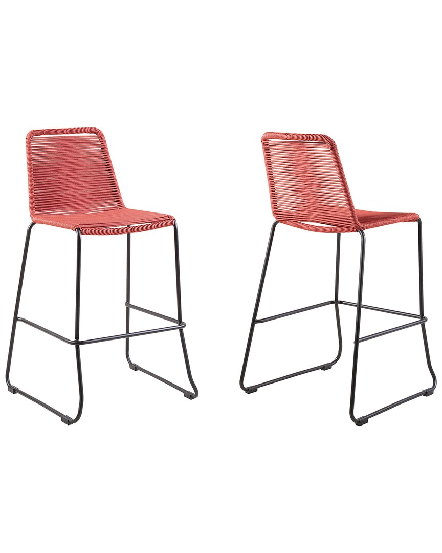 Armen Living Discontinued  Shasta Set Of 2 Outdoor Metal & Brick Red Rope Stackable Barstools In Black