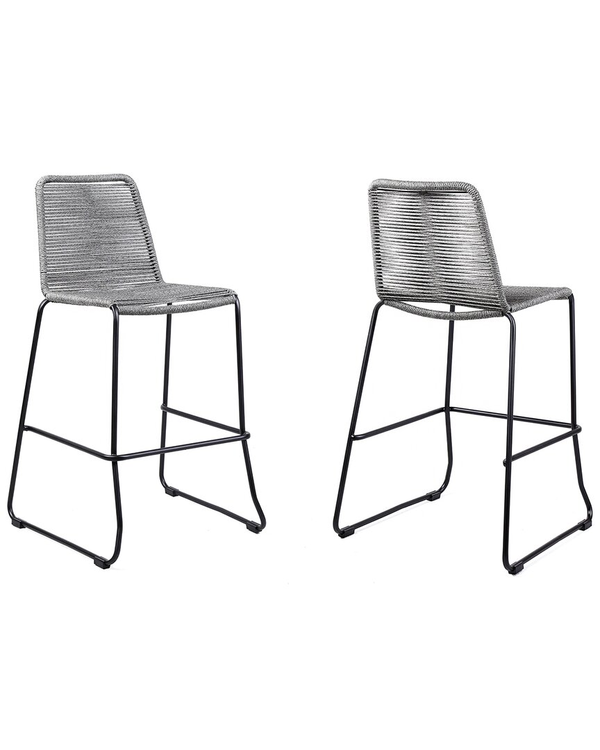 Armen Living Discontinued  Shasta Set Of 2 Outdoor Metal & Rope Stackable Barstools In Black