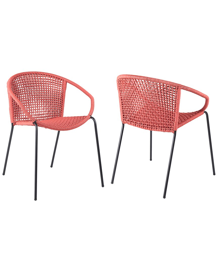 Armen Living Snack Indoor Outdoor Set Of 2 Stackable Steel Dining Chair With Brick Red Rope In Black