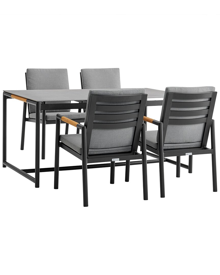 Armen Living Crown 5pc Black Aluminum And Teak Outdoor Dining Set With Dark Gray Fabric