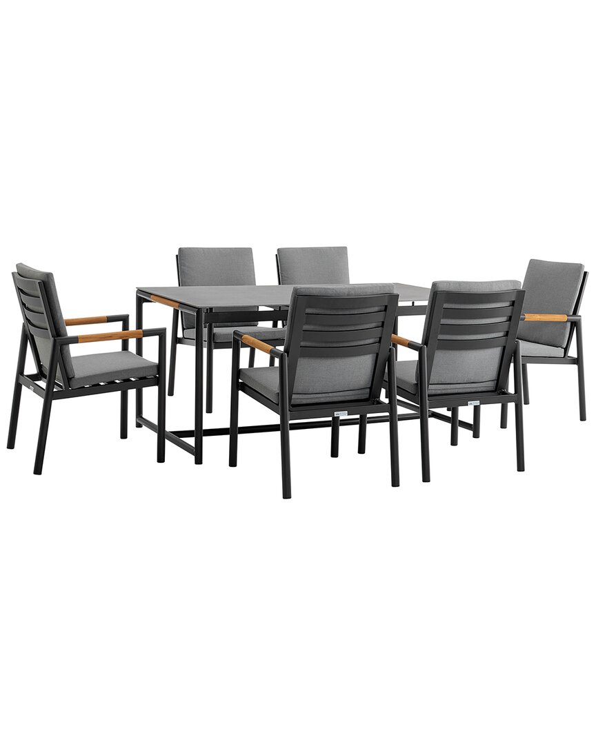Armen Living Crown 7pc Black Aluminum And Teak Outdoor Dining Set With Dark Gray Fabric