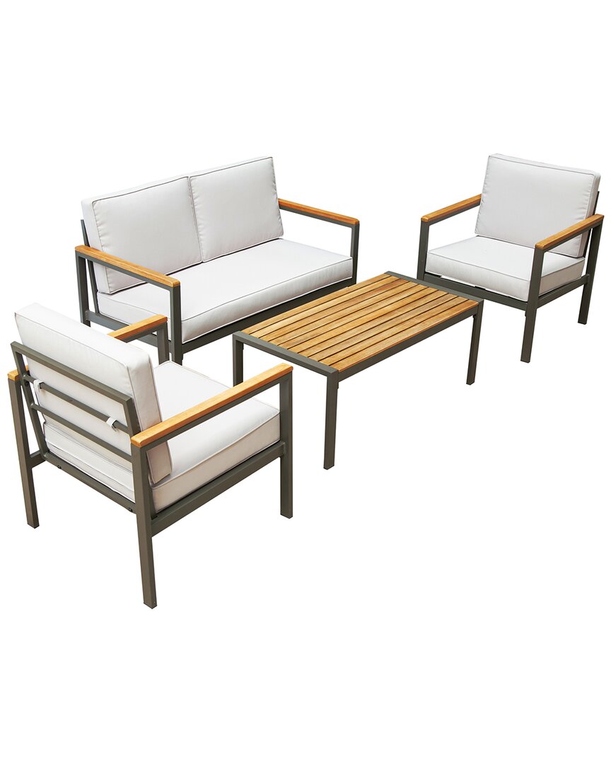 Dukap Ribe Aluminum 4pc Patio Set With Wood Accents And Beige Cushions In Grey