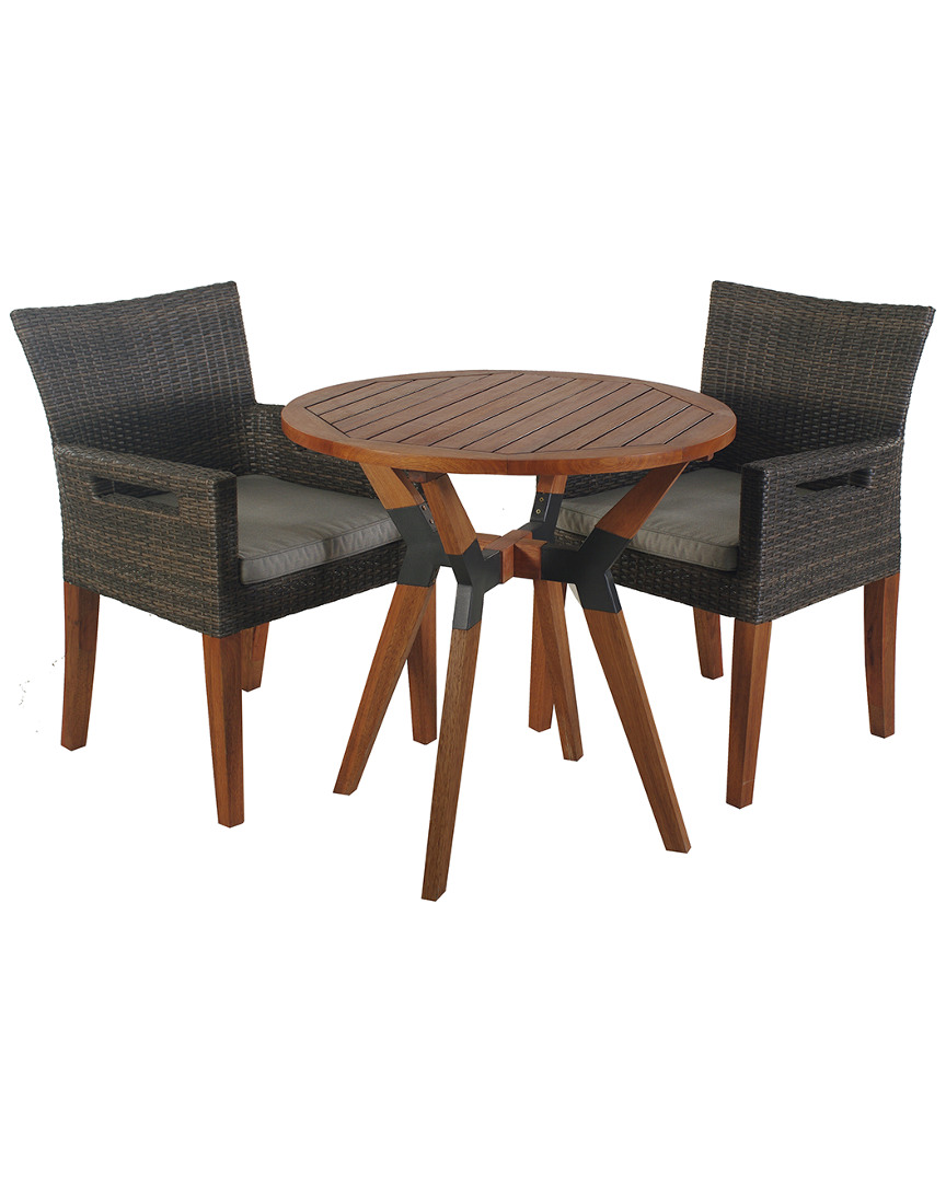 Outdoor Interiors 3pc Eucalyptus & Metal Bistro Set With Wicker & Eucalyptus Arm Chairs