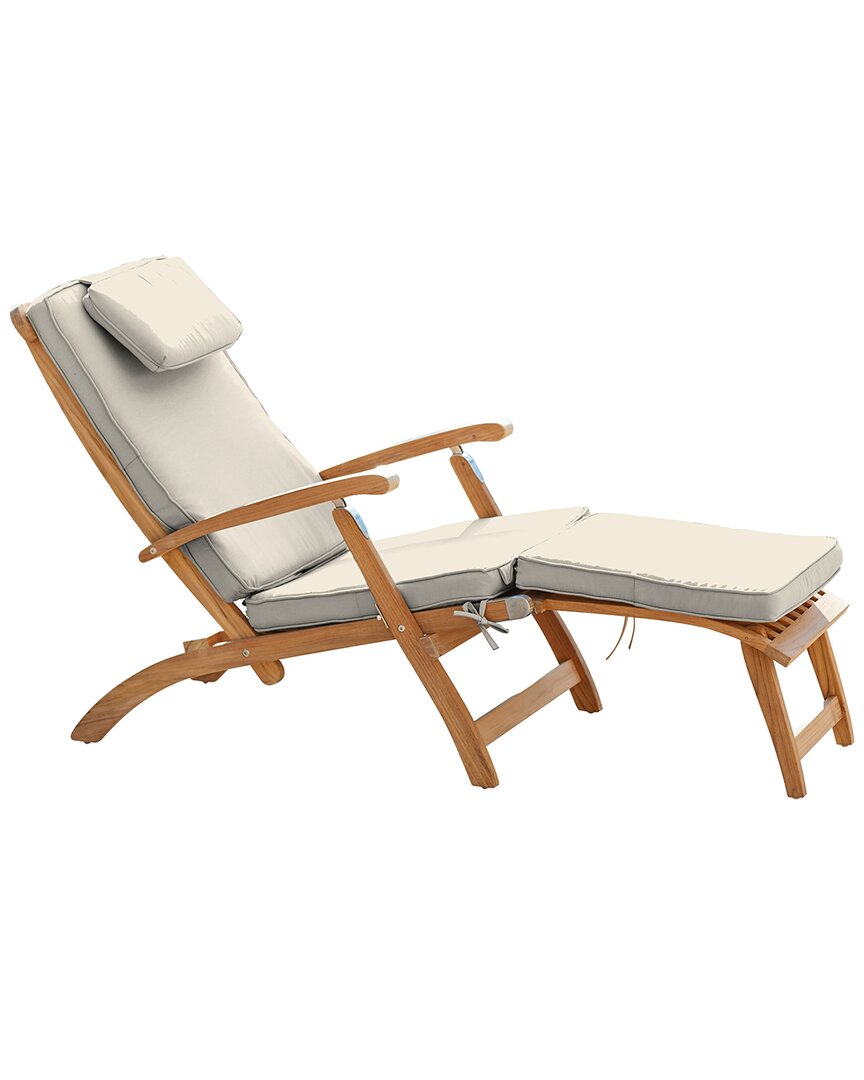 Curated Maison Adelle Teak Folding Outdoor Deck Chair Lounge With Sunbrella Canvas Cushions In Brown