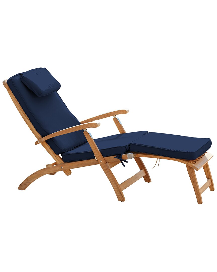 Curated Maison Adelle Teak Folding Outdoor Deck Chair Lounge With Sunbrella Navy Cushions In Brown