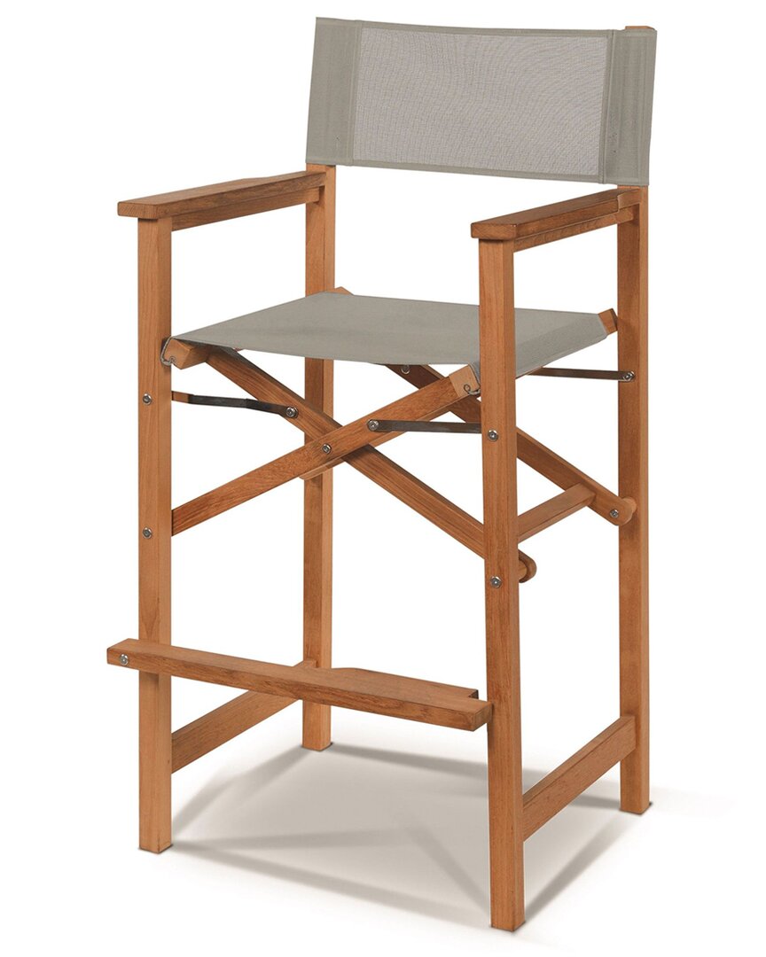 Curated Maison Directeur Teak Outdoor Counter Height Stool With Taupe Dura Sling Back And Seat In Brown