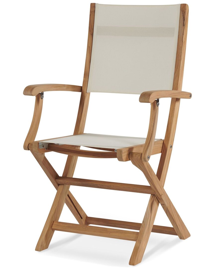 Curated Maison Lucas Teak Outdoor Folding Armchair In White Textilene Fabric In Brown