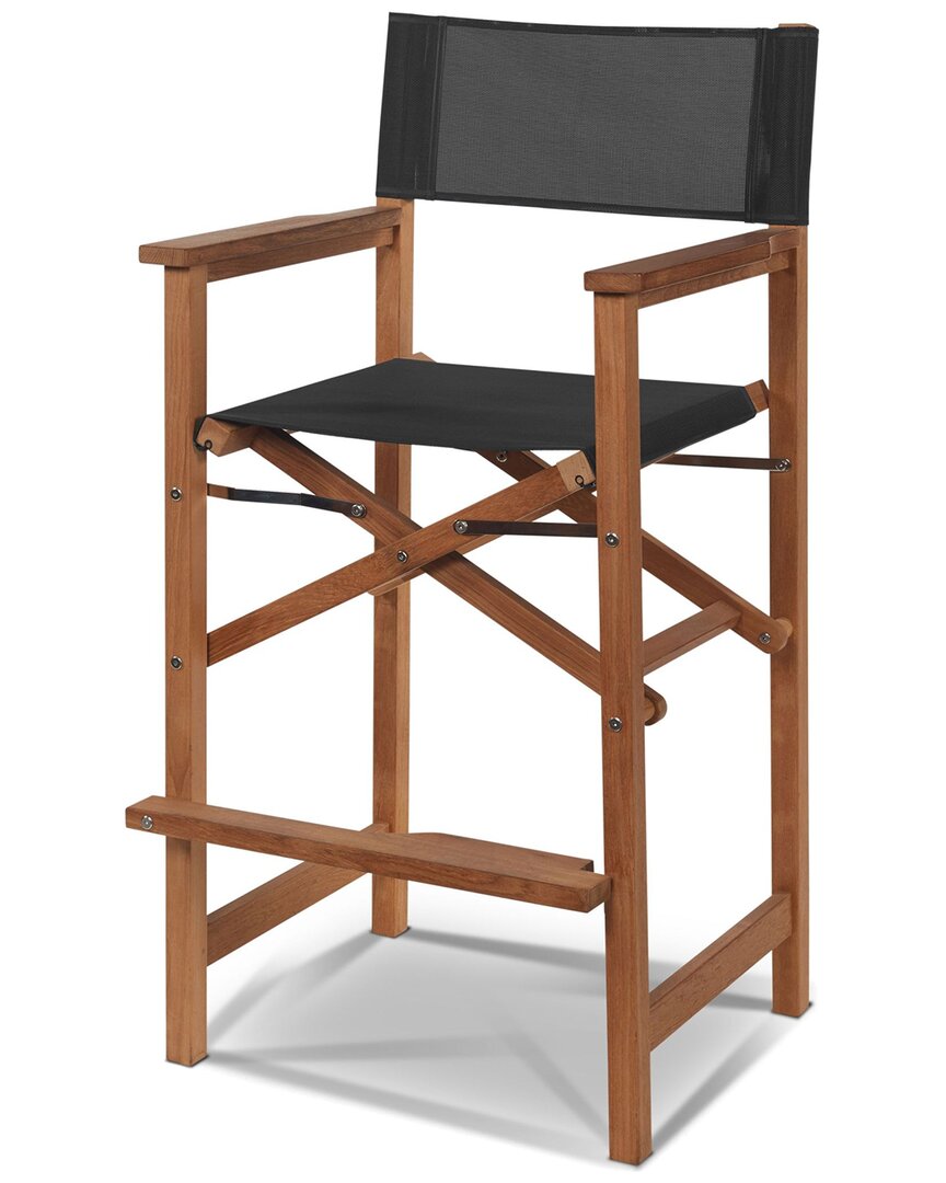 Curated Maison Directeur Teak Outdoor Counter Height Stool With Black Dura Sling Back And Seat In Brown