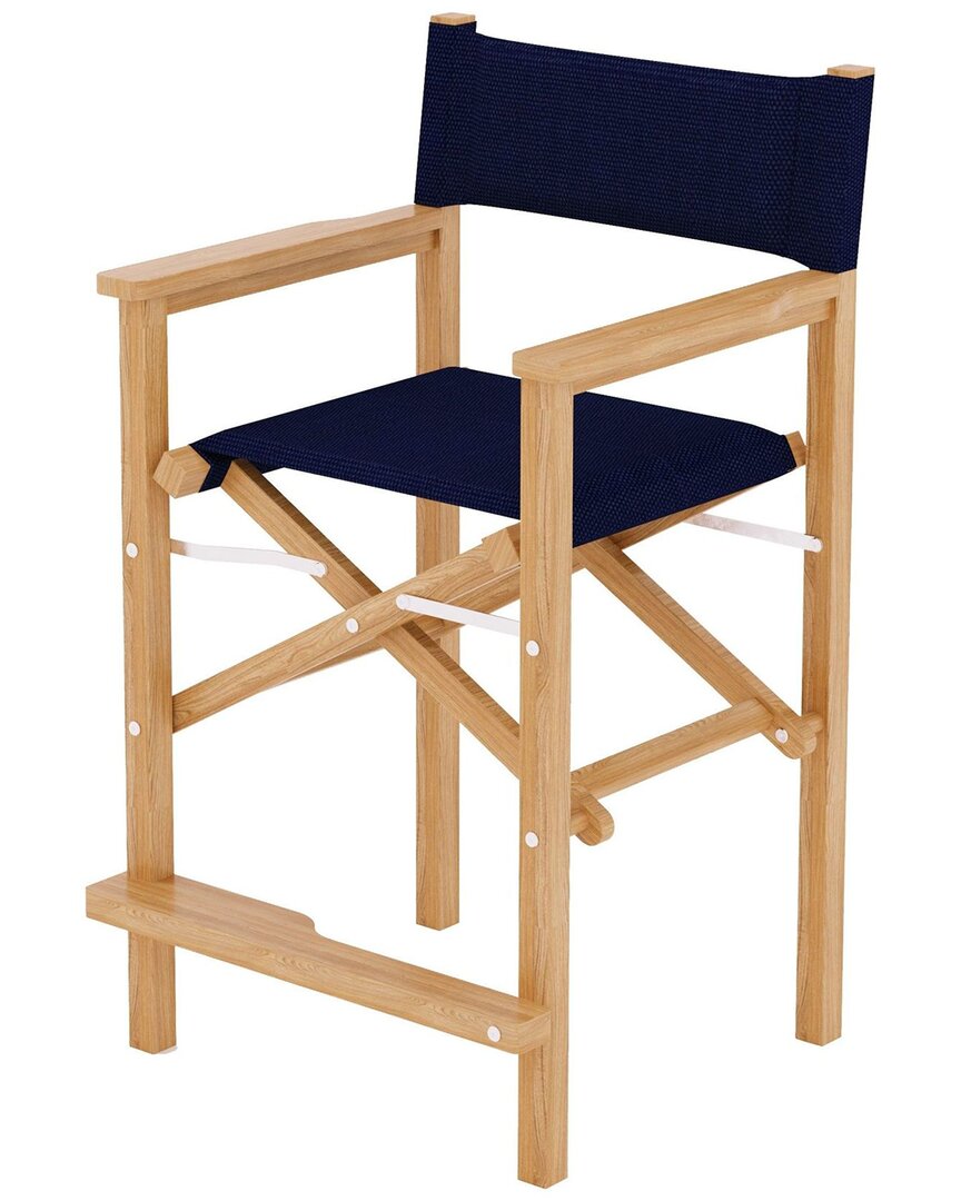 Curated Maison Directeur Teak Outdoor Counter Height Stool With Blue Dura Sling Back And Seat